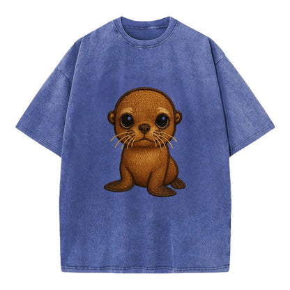 Baby California Sea Lion - golden brown, large expressive eyes, whiskers, - Vintage T-shirt - Blue