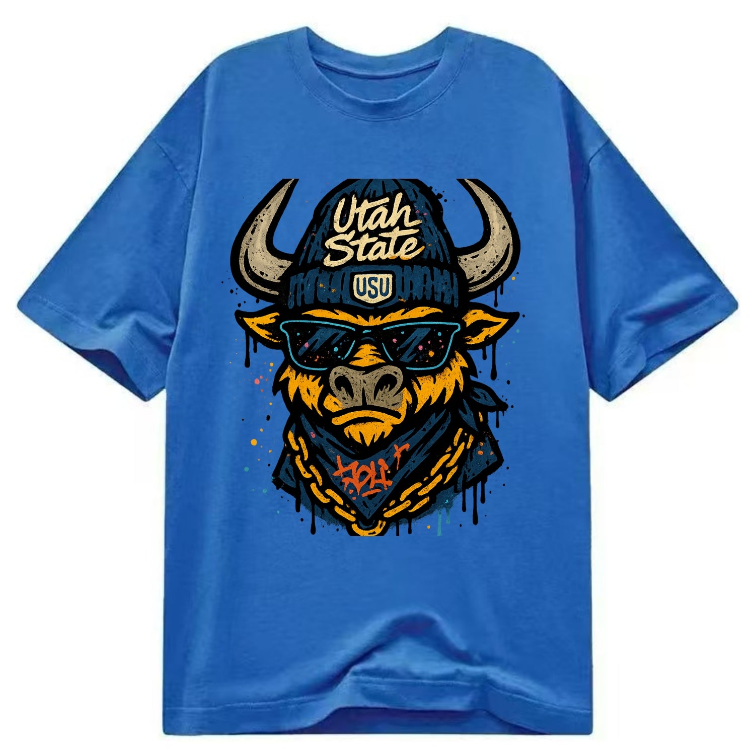 Logan Aggie wearing Utah State beanie with USU patch - Classic T-shirt - Blue