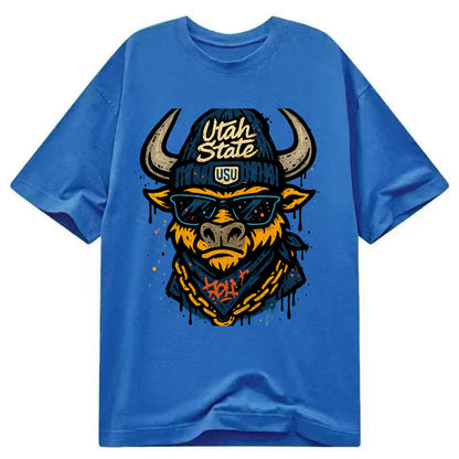 Logan Aggie wearing Utah State beanie with USU patch - Classic T-shirt - Blue