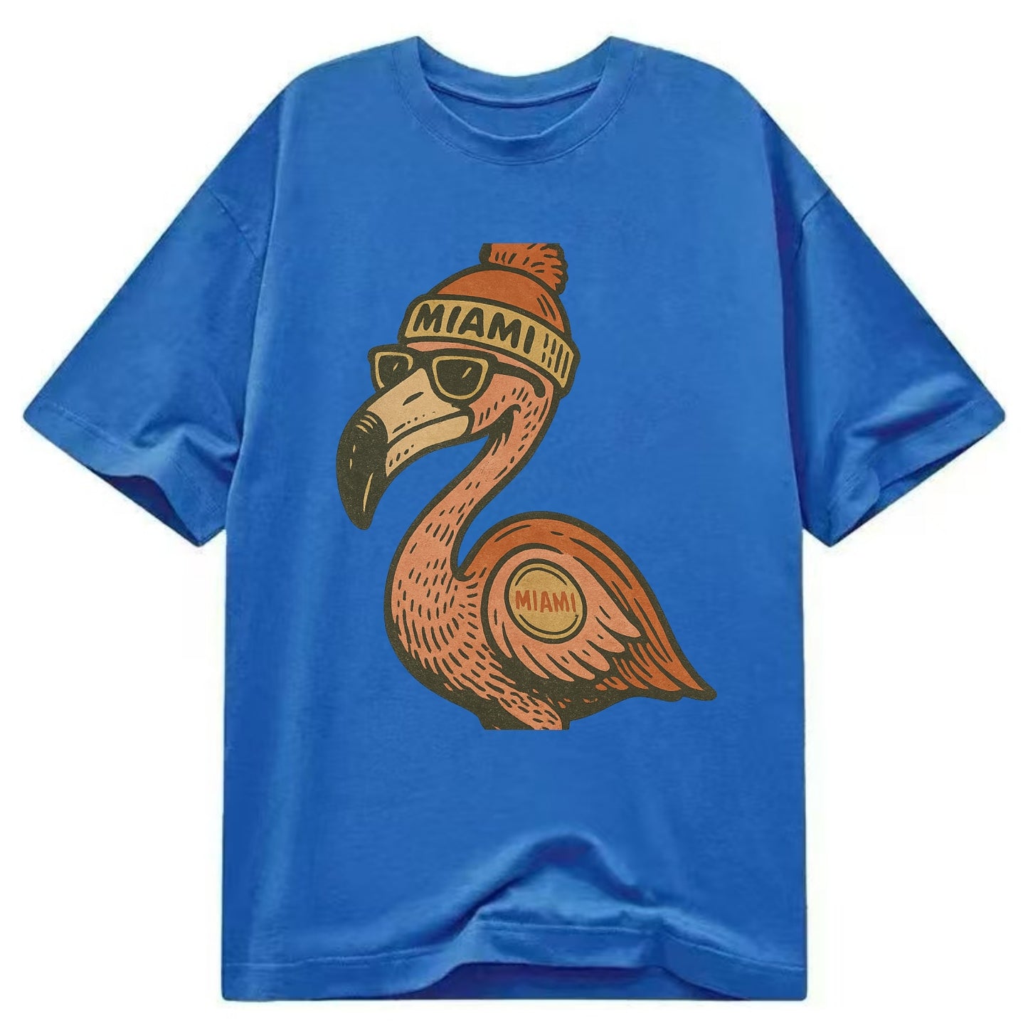 Miami Flamingo wearing Miami beanie with pom pom and wayfarer sunglasses - Classic T-shirt - Blue