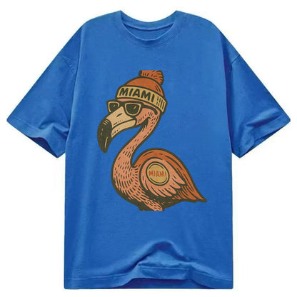 Miami Flamingo wearing Miami beanie with pom pom and wayfarer sunglasses - Classic T-shirt - Blue