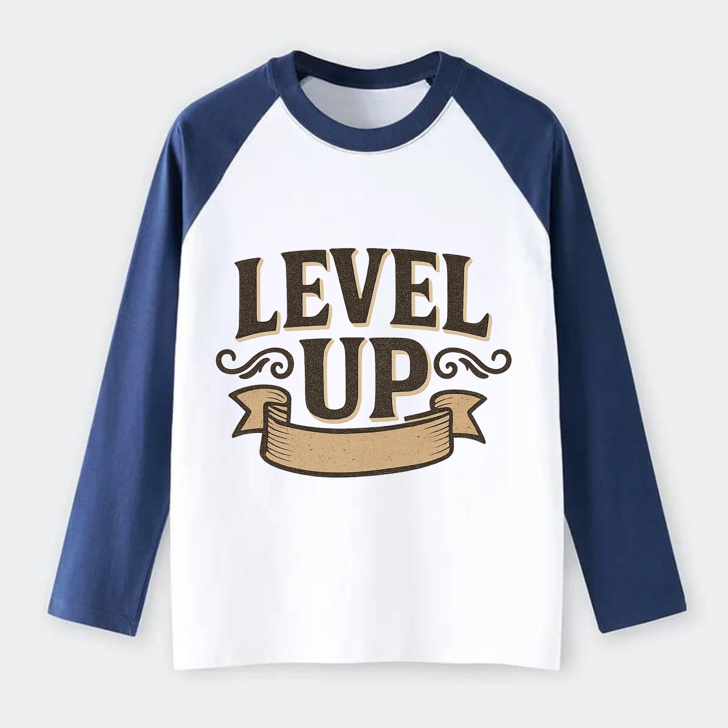 Bold typography design - "LEVEL UP" - improving, advancing, growing - Raglan Long Sleeve T-Shirt - Blue