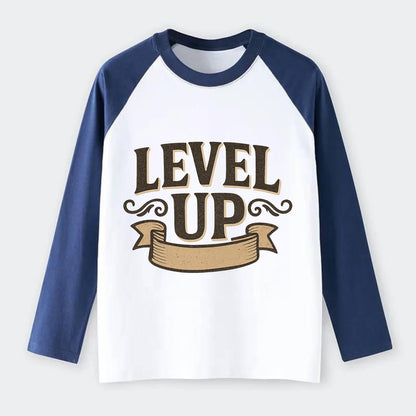 Bold typography design - "LEVEL UP" - improving, advancing, growing - Raglan Long Sleeve T-Shirt - Blue