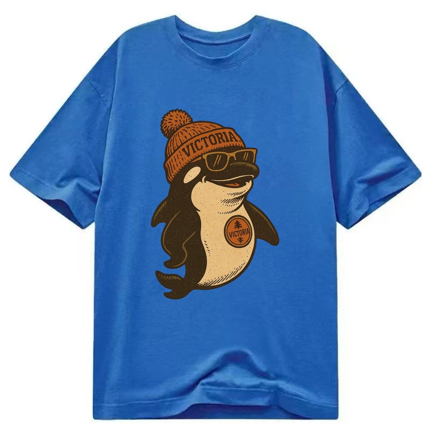 Victoria Orca wearing Victoria beanie with pom pom and wayfarer sunglasses - Classic T-shirt - Blue