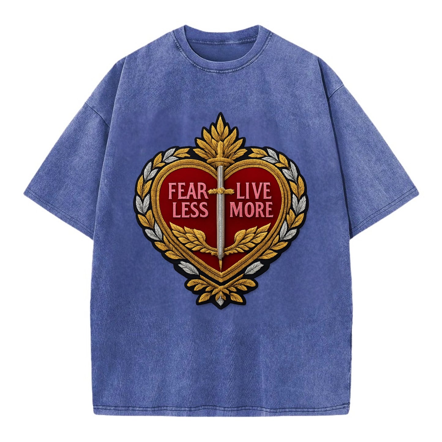 FEAR LESS LIVE MORE - heart with text in red , courage - Vintage T-shirt - Blue