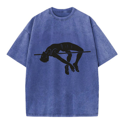 High jumper arching over bar - Vintage T-shirt - Blue