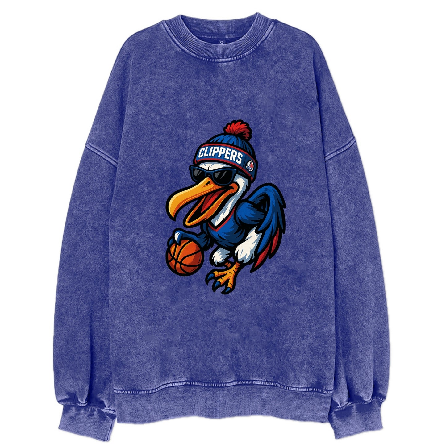 Los Angeles Pelican wearing Clippers beanie with sailboat patch and wayfarer - Vintage Sweatshirt - Blue