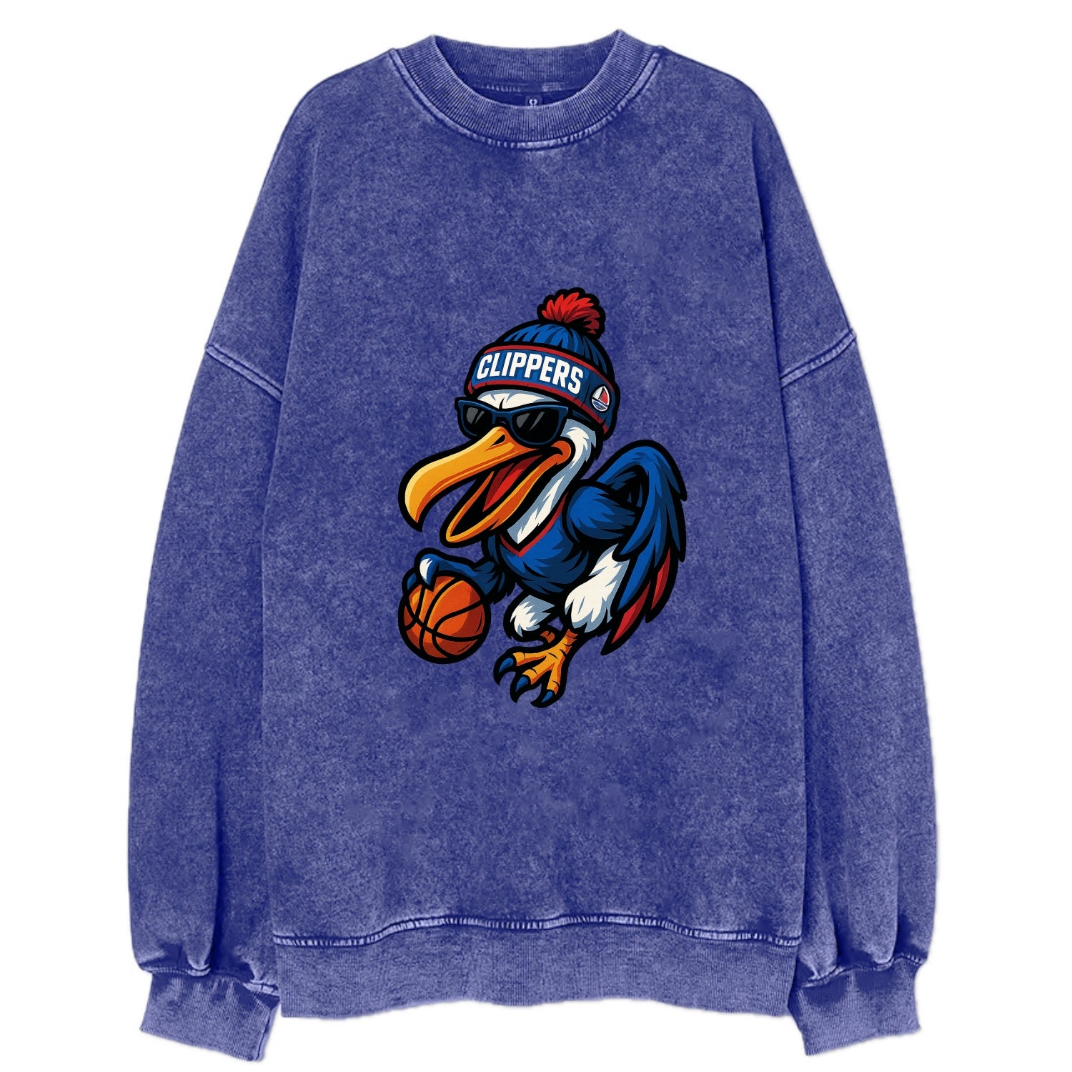 Los Angeles Pelican wearing Clippers beanie with sailboat patch and wayfarer - Vintage Sweatshirt - Blue