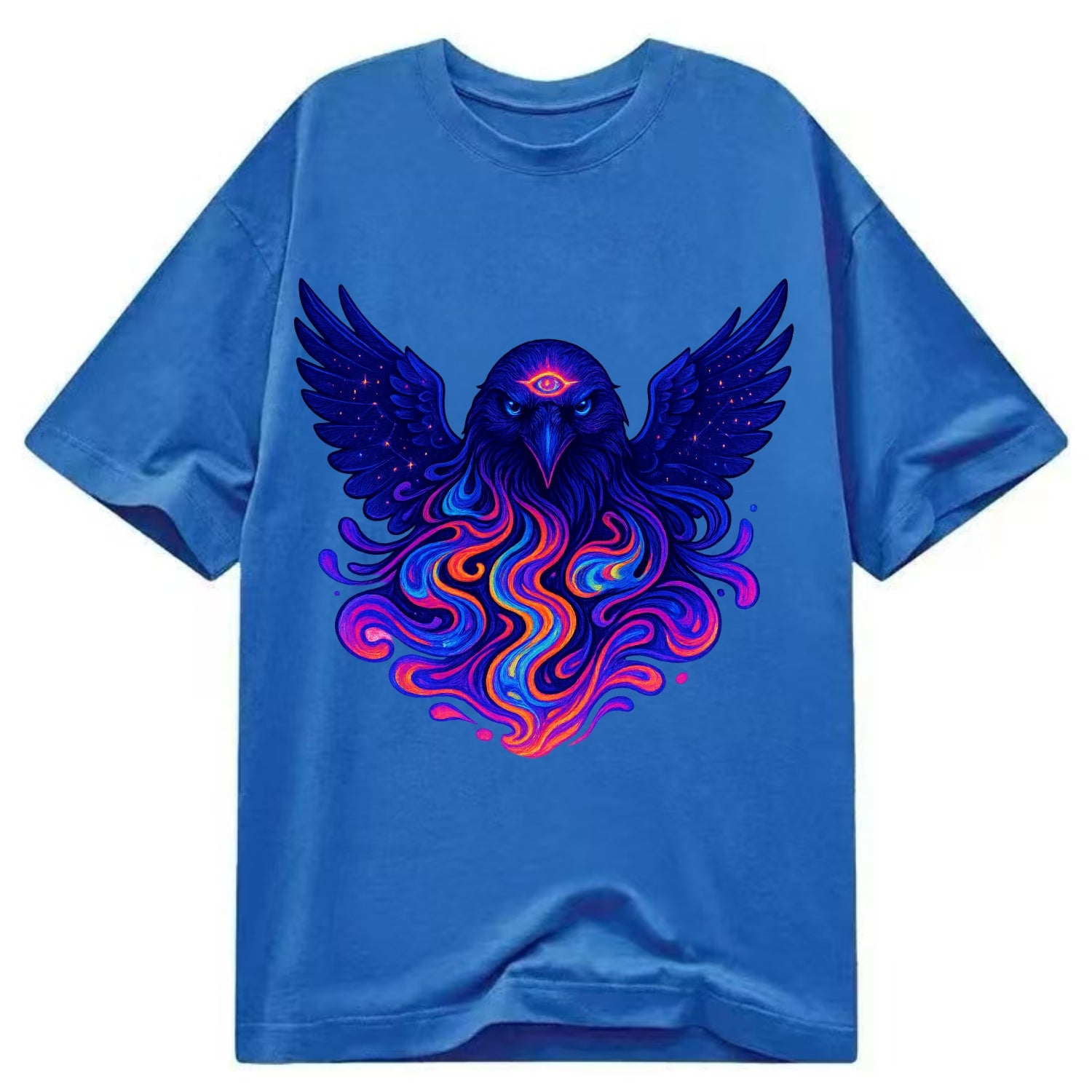 Mysterious raven with feathers showing future visions in neon colors, wings - Classic T-shirt - Blue