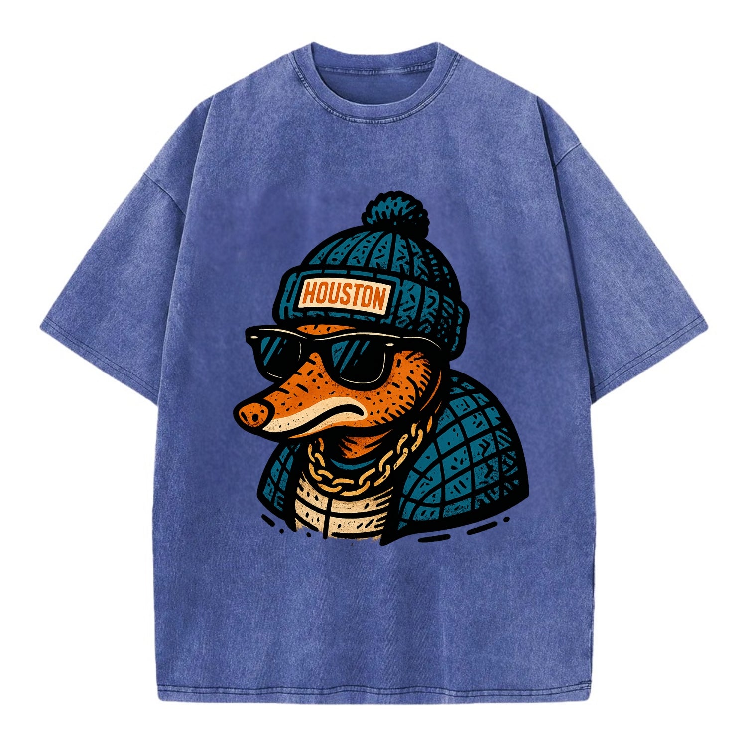 Houston Armadillo wearing Houston beanie with pom pom and wayfarer sunglasses - Vintage T-shirt - Blue