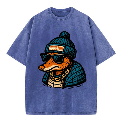 Houston Armadillo wearing Houston beanie with pom pom and wayfarer sunglasses - Vintage T-shirt - Blue