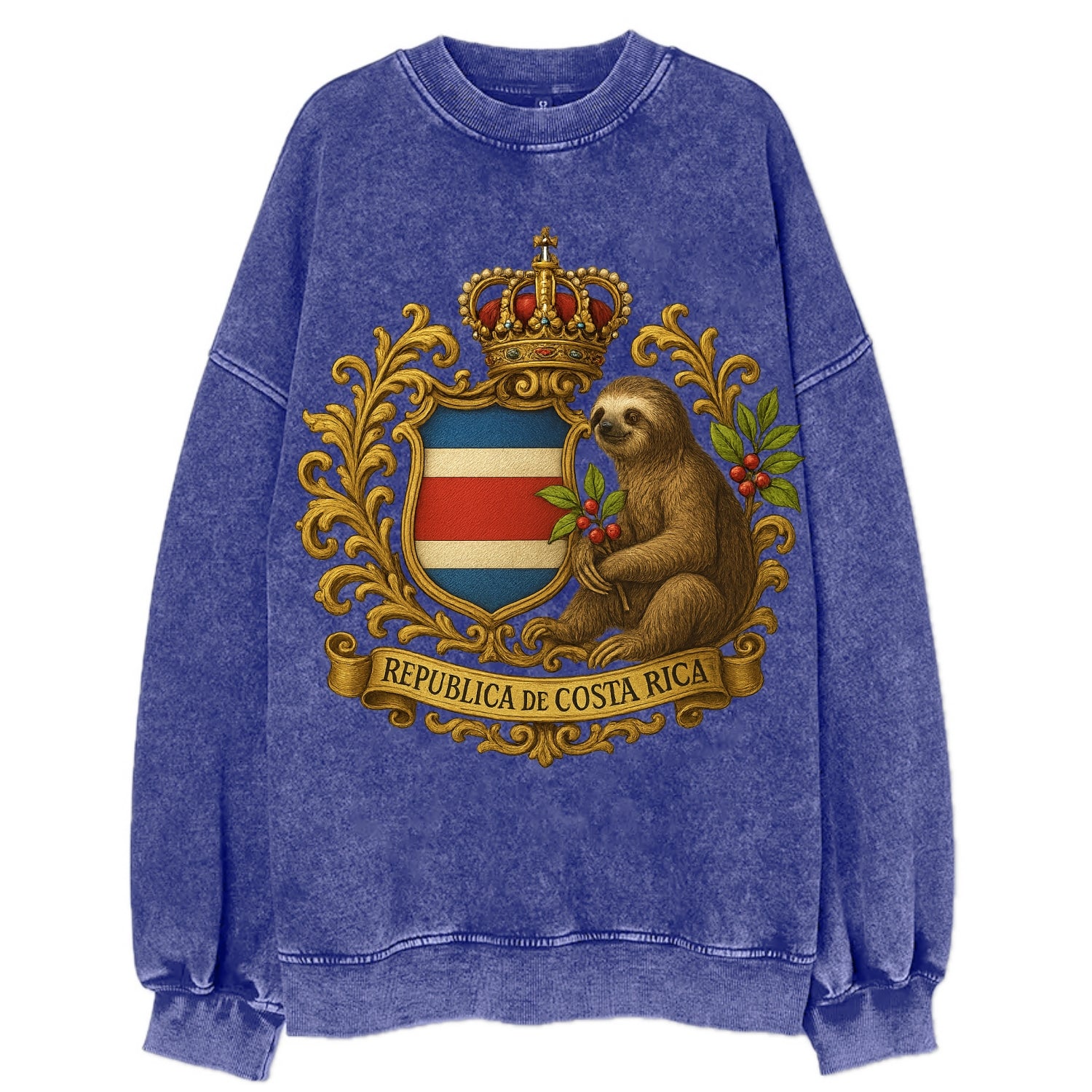 Costa Rica Sloth Emblem  - Vintage Sweatshirt - Blue