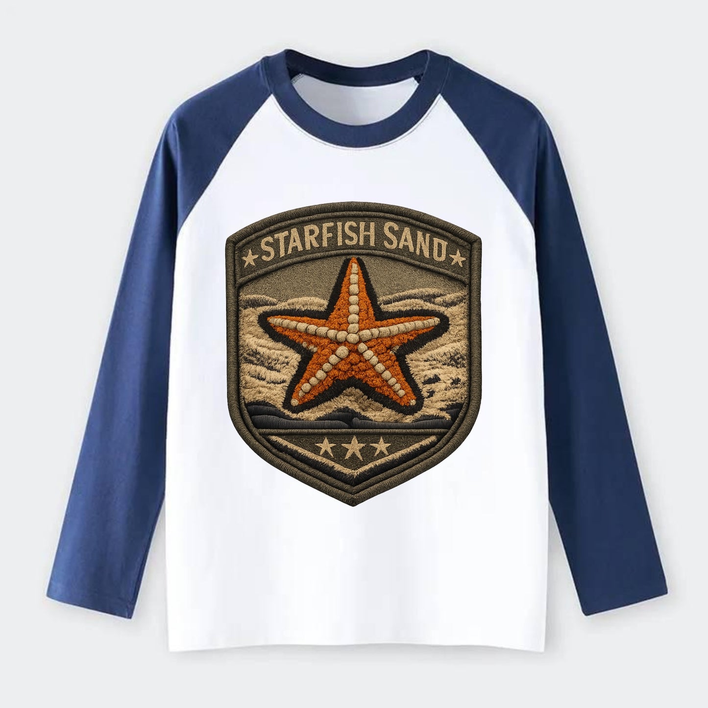 STARFISH SAND - sea star in orange and tan , beachcomber - Raglan Long Sleeve T-Shirt - Blue