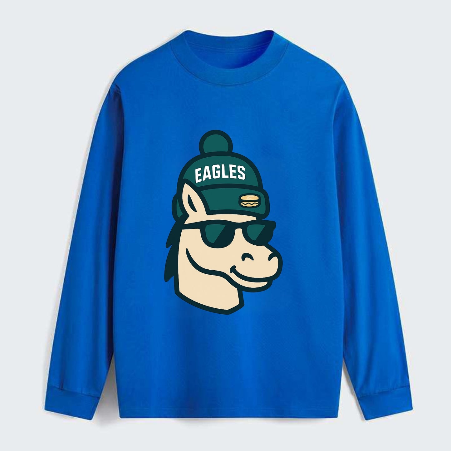 Philadelphia Horse wearing Eagles beanie with cheesesteak patch and - Classic Long Sleeve Shirt - Blue