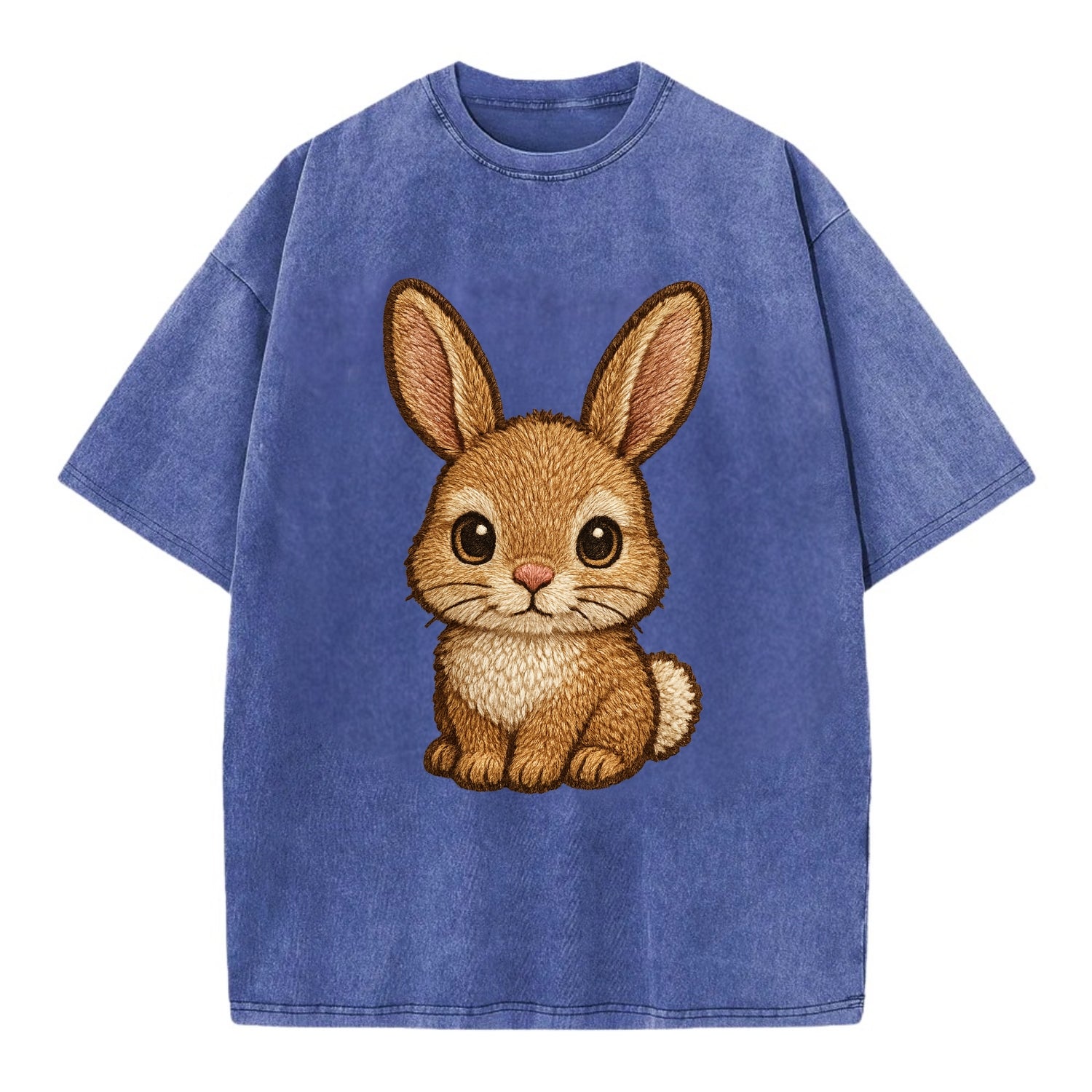 Baby Rabbit - long ears, fluffy white tail, pink nose, large brown eyes, - Vintage T-shirt - Blue