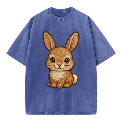 Baby Rabbit - long ears, fluffy white tail, pink nose, large brown eyes, - Vintage T-shirt - Blue