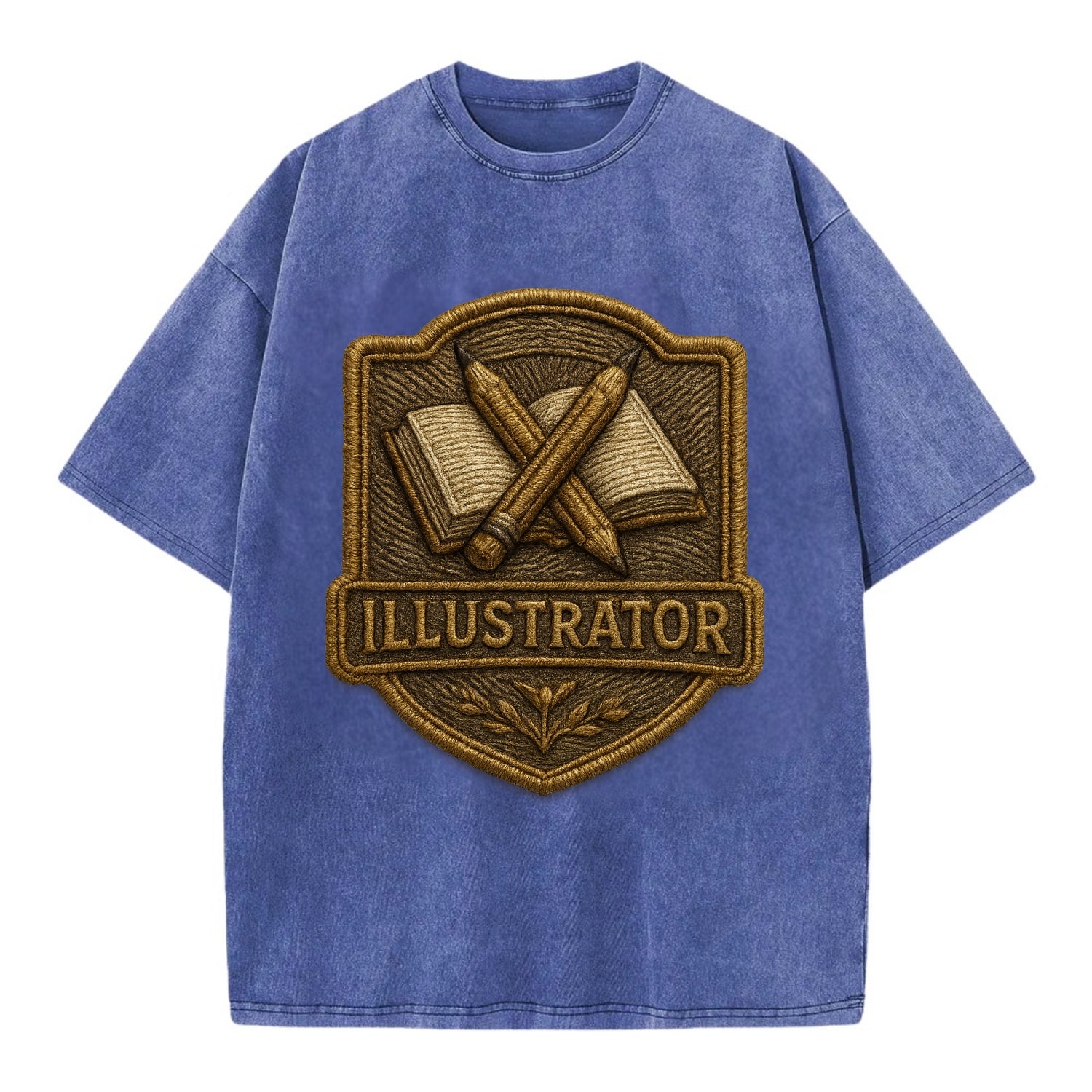 Pencils and sketchbook - illustrator badge - Vintage T-shirt - Blue