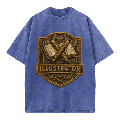 Pencils and sketchbook - illustrator badge - Vintage T-shirt - Blue