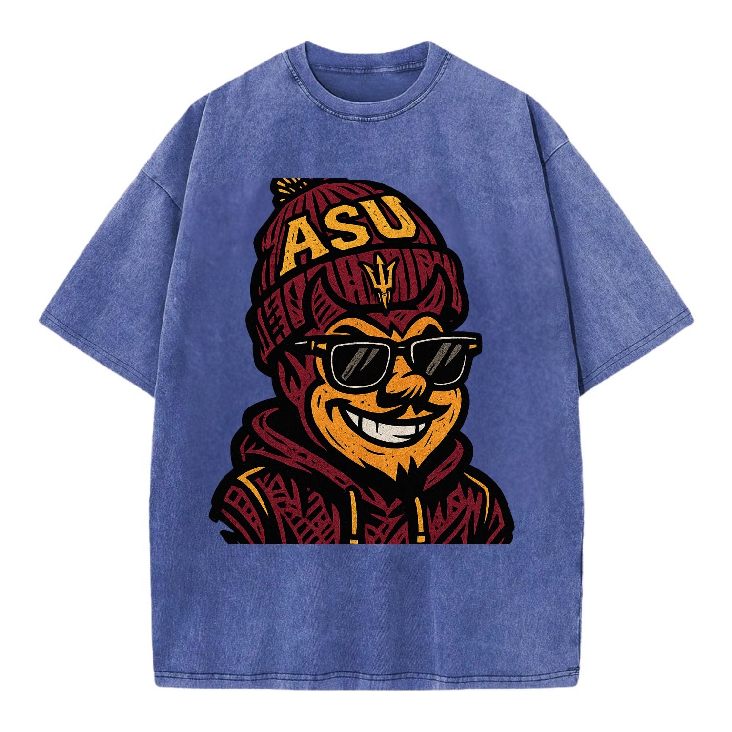Tempe Sparky wearing Arizona State beanie with fork patch - Vintage T-shirt - Blue