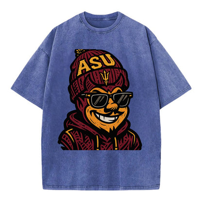 Tempe Sparky wearing Arizona State beanie with fork patch - Vintage T-shirt - Blue