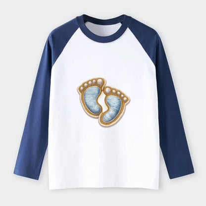 BABY FOOTPRINTS - tiny feet in pink or blue , newborn - Raglan Long Sleeve T-Shirt - Blue