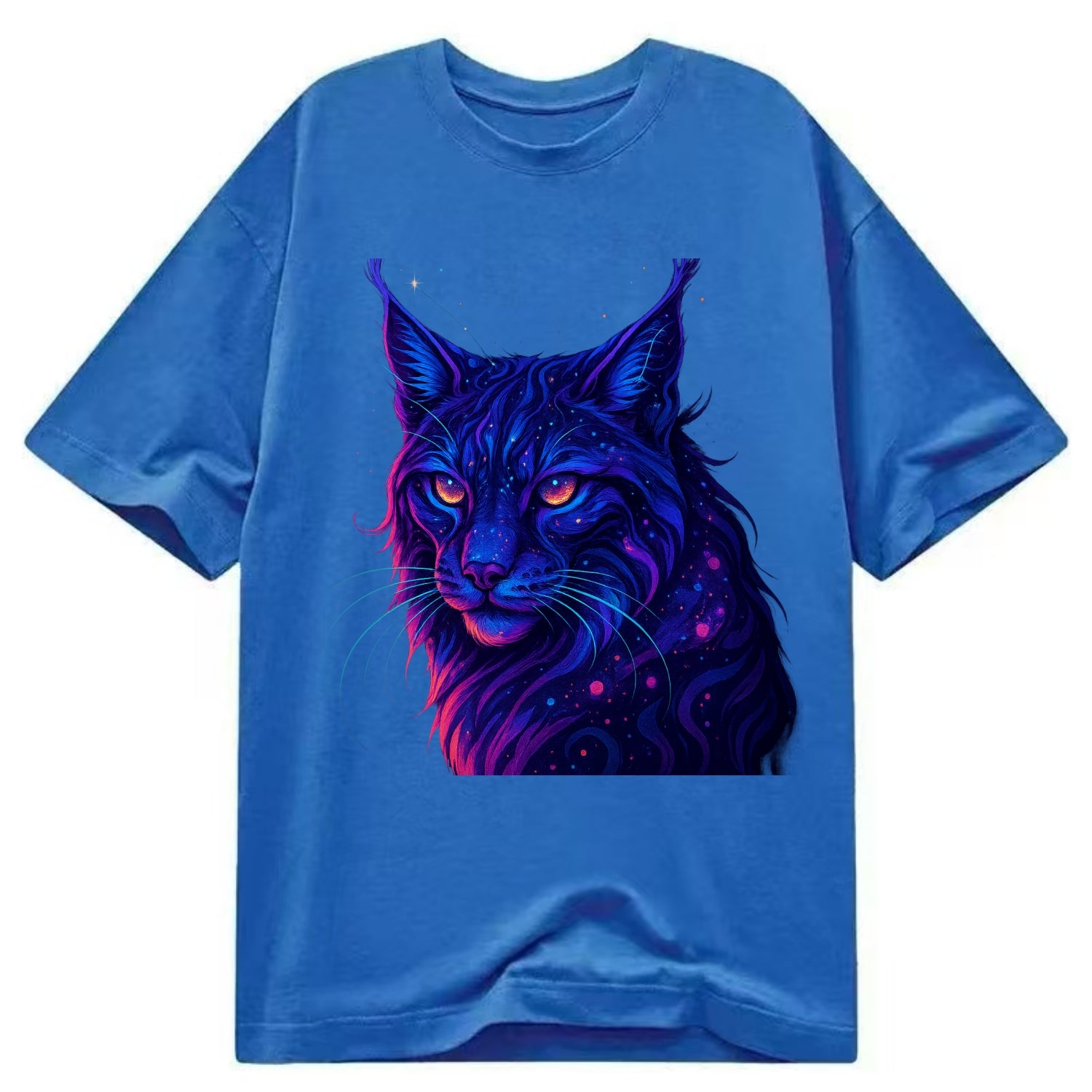Stealthy lynx with ear tufts forming constellation patterns, nebula spots across - Classic T-shirt - Blue