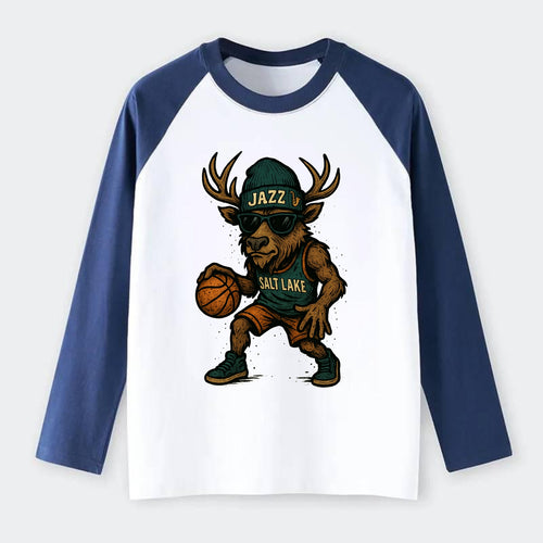 Salt Lake Elk wearing Jazz beanie with saxophone patch and wayfarer - Raglan Long Sleeve T-Shirt