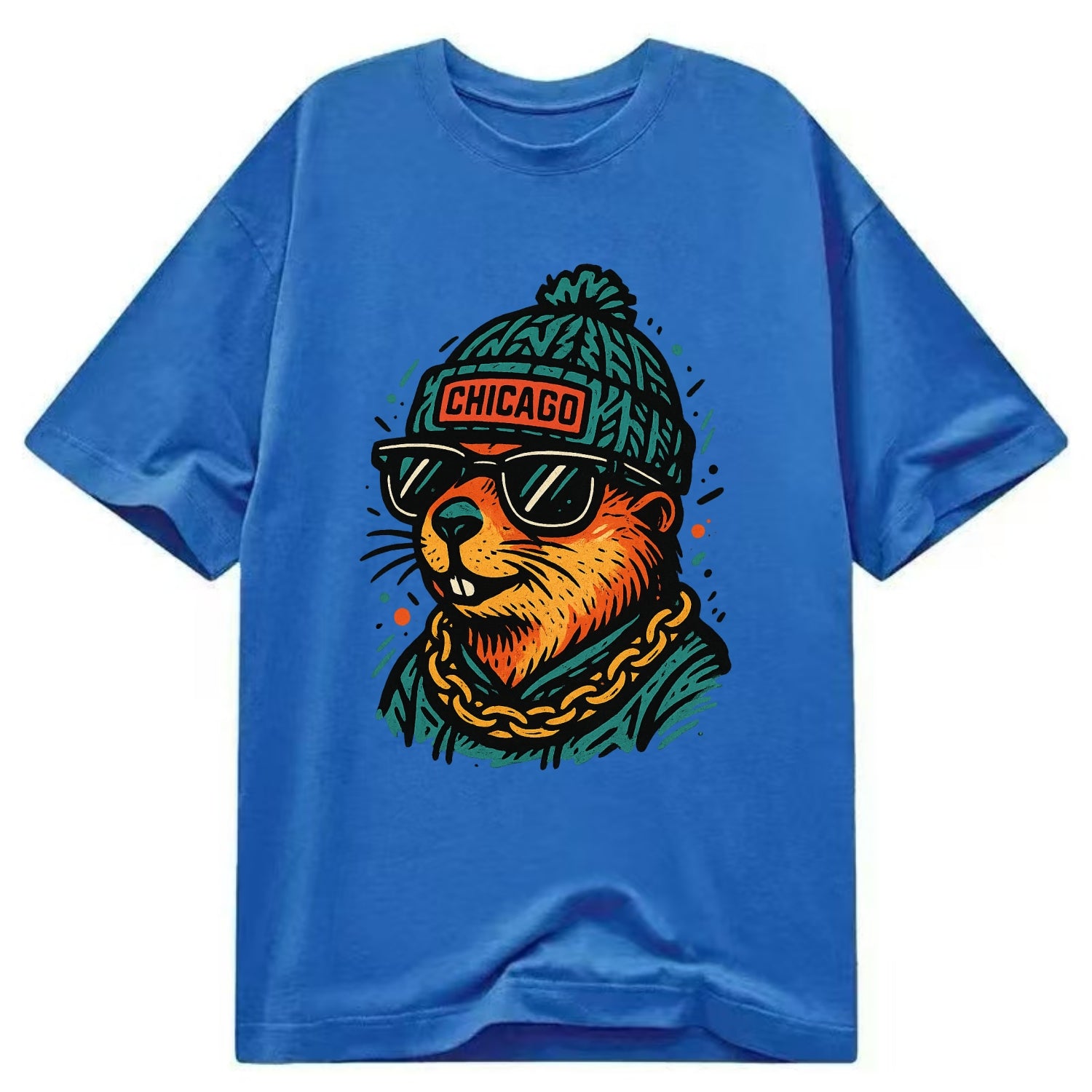 Illinois Prairie Dog wearing Chicago beanie with pom pom and wayfarer sunglasses - Classic T-shirt - Blue