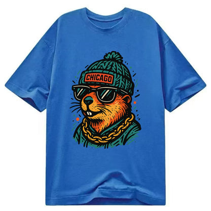 Illinois Prairie Dog wearing Chicago beanie with pom pom and wayfarer sunglasses - Classic T-shirt - Blue