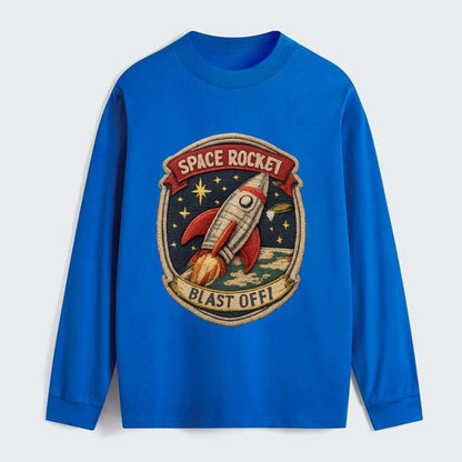 RETRO ROCKET - 1950s space rocket in silver and red , atomic age - Classic Long Sleeve Shirt - Blue