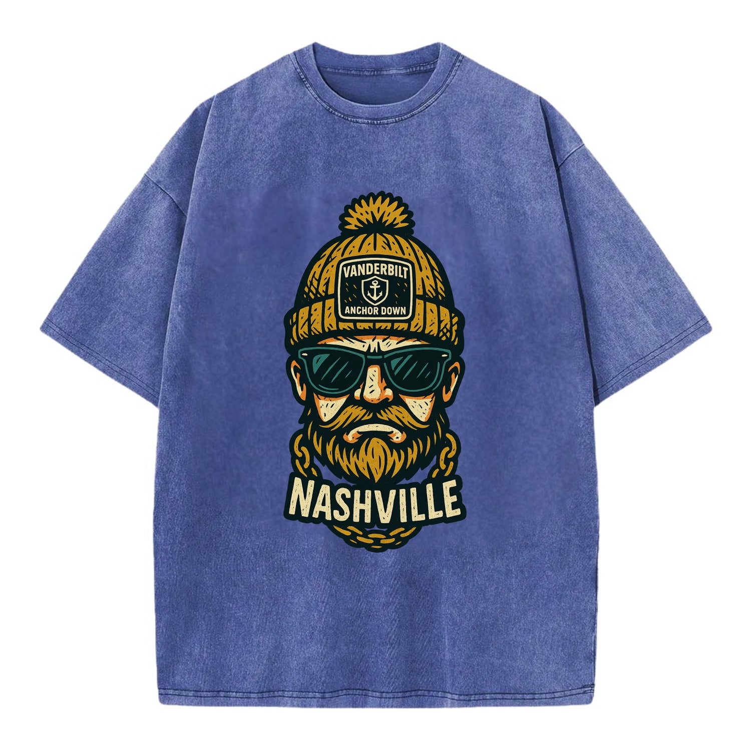 Nashville Commodore wearing Vanderbilt beanie with anchor patch - Vintage T-shirt - Blue