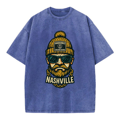 Nashville Commodore wearing Vanderbilt beanie with anchor patch - Vintage T-shirt - Blue