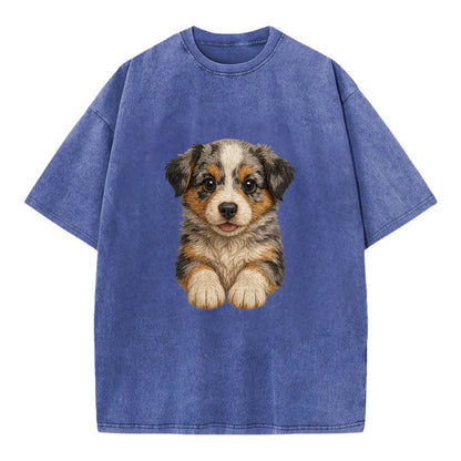 Baby Australian Shepherd Puppy - merle coat, bright eyes, fluffy, front-facing, - Vintage T-shirt - Blue