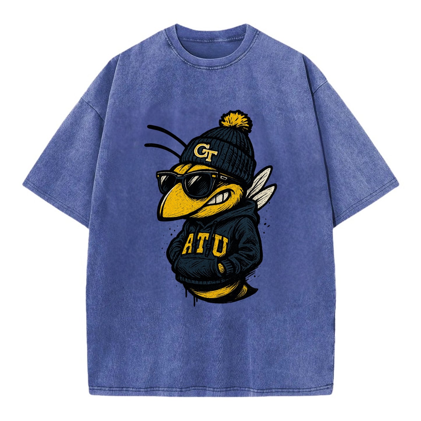 Atlanta Yellow Jacket wearing Georgia Tech beanie with GT patch - Vintage T-shirt - Blue