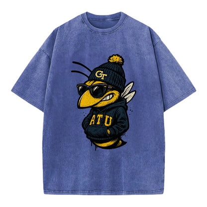 Atlanta Yellow Jacket wearing Georgia Tech beanie with GT patch - Vintage T-shirt - Blue