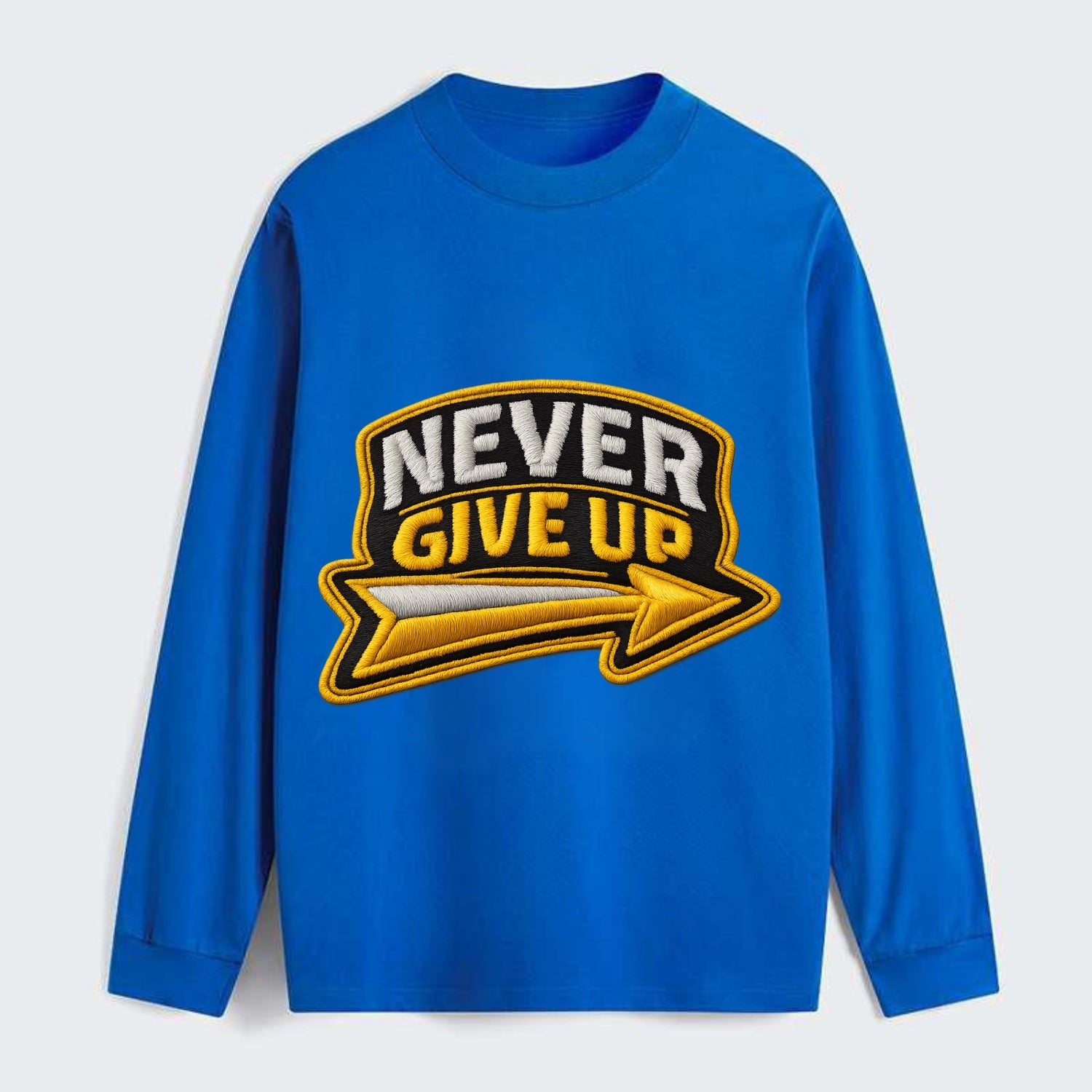 NEVER GIVE UP - bold text with arrow in gold , determination - Classic Long Sleeve Shirt - Blue