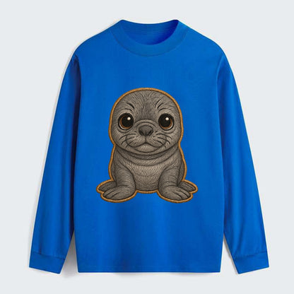 Baby Elephant Seal - gray wrinkly, tiny trunk nose, big dark eyes, - Classic Long Sleeve Shirt - Blue