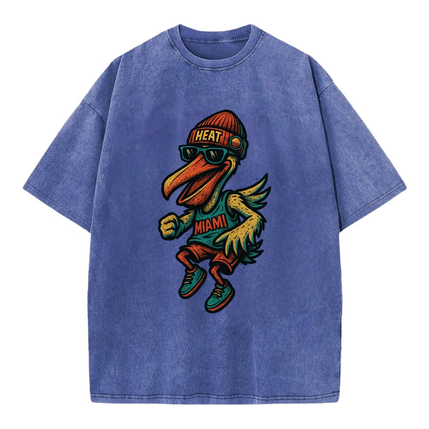 Miami Pelican wearing Heat beanie with sunset patch and wayfarer sunglasses - Vintage T-shirt - Blue