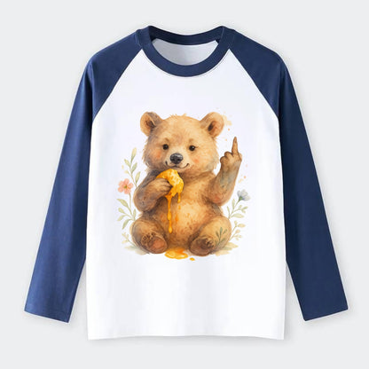 chubby bear cub eating dripping honey, sticky paw up with middle finger - Raglan Long Sleeve T-Shirt - Blue