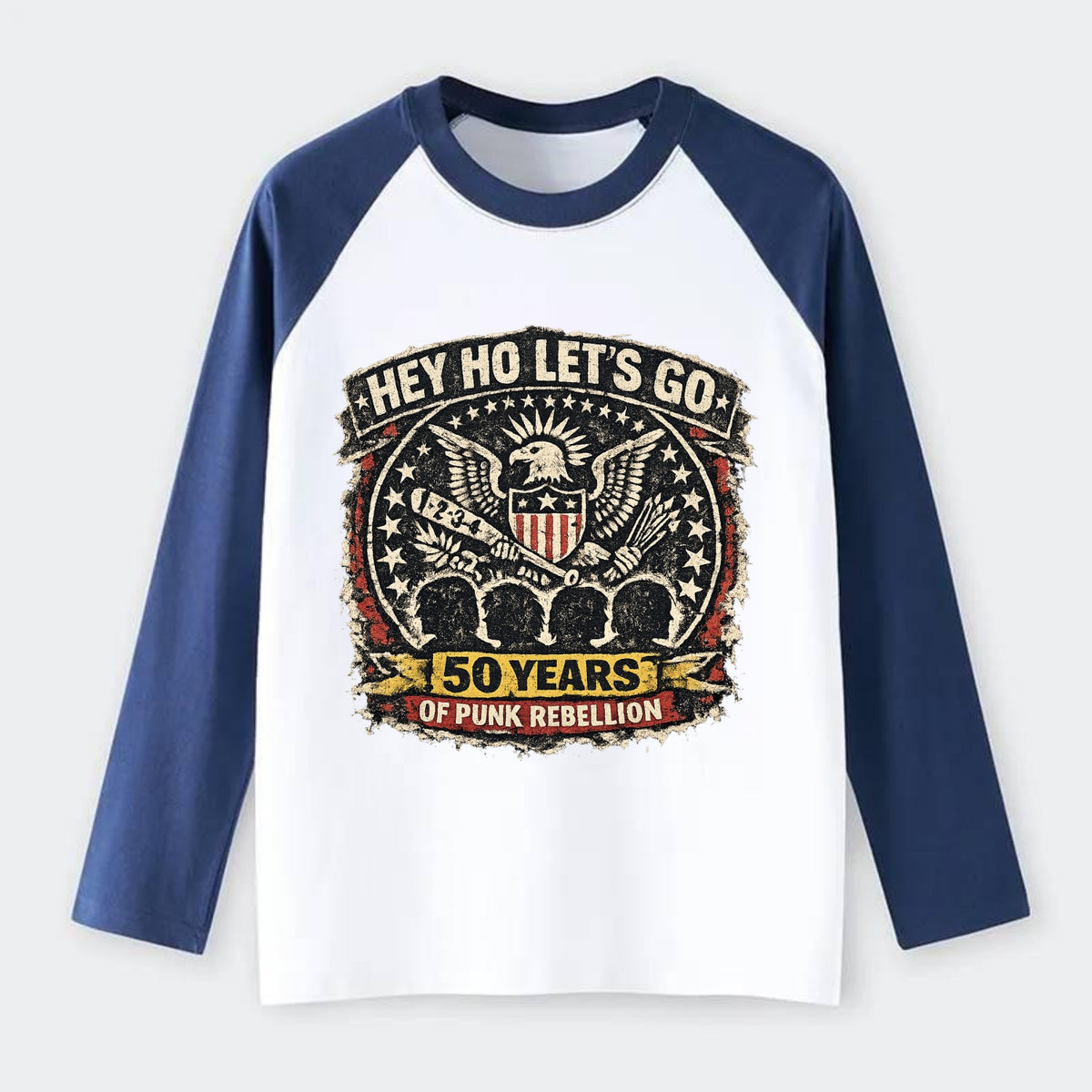 RAMONES LEGACY | Hey Ho Let's Go typography | Presidential seal parody - Raglan Long Sleeve T-Shirt - Blue