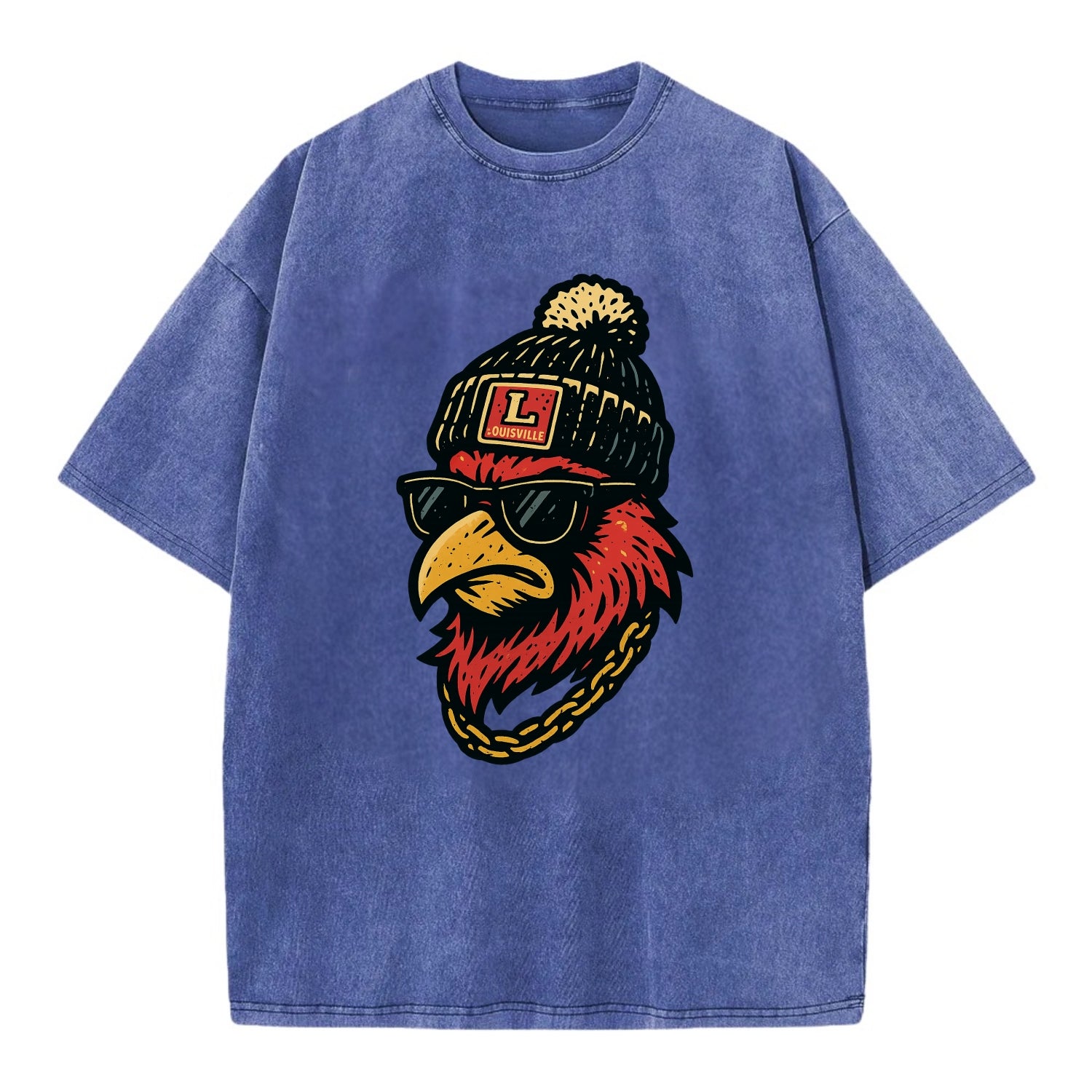 Louisville Cardinal wearing Louisville beanie with L patch - Vintage T-shirt - Blue