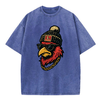 Louisville Cardinal wearing Louisville beanie with L patch - Vintage T-shirt - Blue