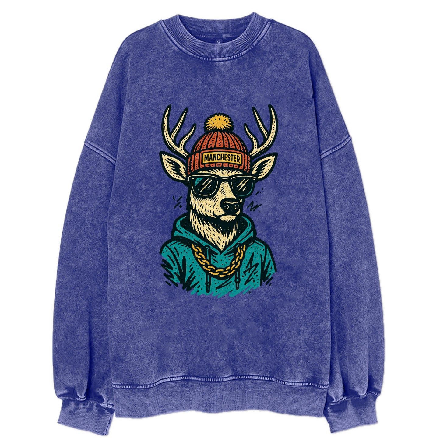 New Hampshire White-tailed Deer wearing Manchester beanie with pom pom and - Vintage Sweatshirt - Blue