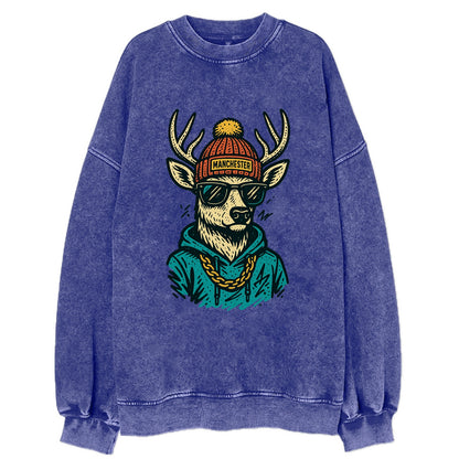 New Hampshire White-tailed Deer wearing Manchester beanie with pom pom and - Vintage Sweatshirt - Blue