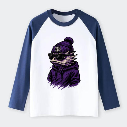 Fort Worth Horned Frog wearing TCU beanie with frog patch - Raglan Long Sleeve T-Shirt - Blue