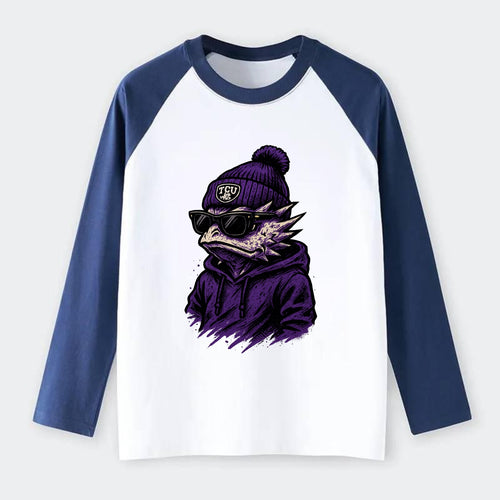 Fort Worth Horned Frog wearing TCU beanie with frog patch - Raglan Long Sleeve T-Shirt