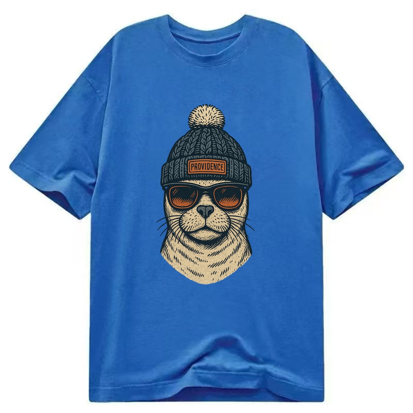 Rhode Island Harbor Seal wearing Providence beanie with pom pom and wayfarer - Classic T-shirt - Blue