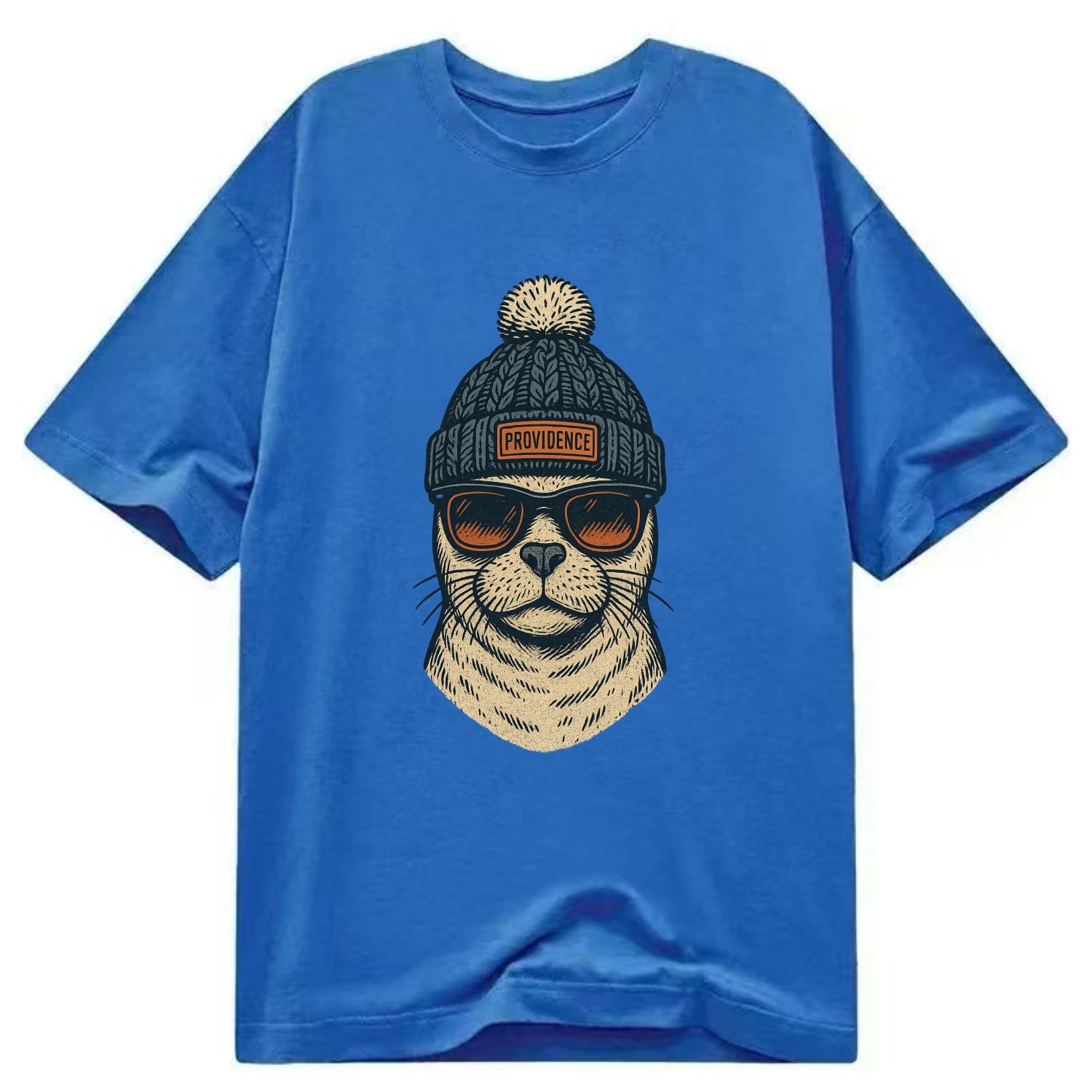Rhode Island Harbor Seal wearing Providence beanie with pom pom and wayfarer - Classic T-shirt - Blue