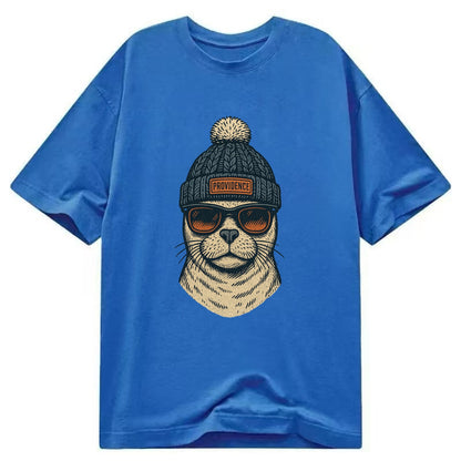 Rhode Island Harbor Seal wearing Providence beanie with pom pom and wayfarer - Classic T-shirt - Blue