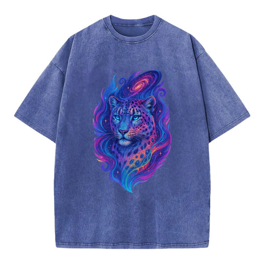 Majestic snow leopard with rainbow gradient spots, crystalline flowing patterns, - Vintage T-shirt - Blue